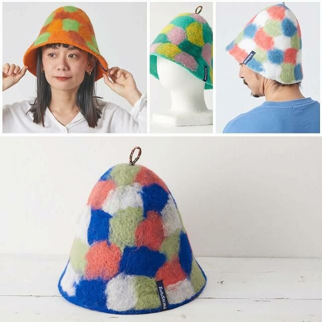 【バタコ】サウナハット茶色2青色2花柄1 デザイン サウナハット