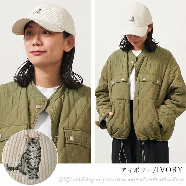 GRO コーデュロイ UVカット アニマル刺繍 キャップ